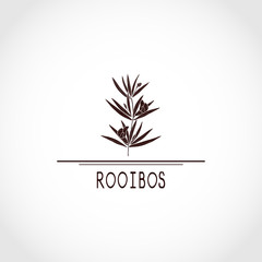 Rooibos. Leaves, flower. Monophonic. Black silhouette, text. Logo, emblem, sign, symbol.