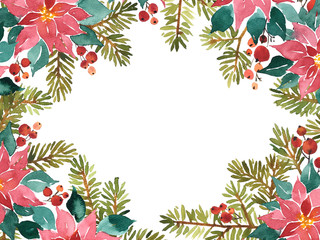 Fototapeta na wymiar Christmas Watercolor frame arangement of poinsettia, spruce and holy berries