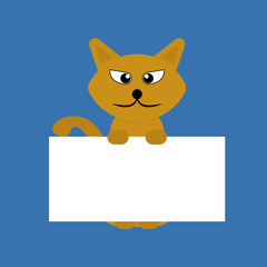 Cartoon orange pet cat showing a placard isolated on blue background, vector, illustration, eps file