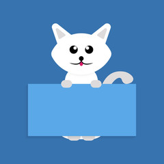 Cartoon white pet cat showing a placard isolated on blue background, vector, illustration, eps file