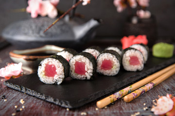Maki rolls with tuna and cheese. Sushi menu. Japanese food. 