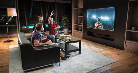 Group of fans are watching a soccer moment on the TV and celebrating a goal, sitting on the couch in the living room.