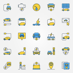 Electric car colorful icons set - vector electric vehicle and charging point concept symbols or logo elements