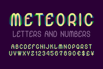 Meteoric letters and numbers with currency signs. Colorful stylized font. Isolated english alphabet.