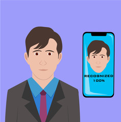 Smartphone with portrait of smiling man sitting beside on screen. Facial recognition technology or software, verification and identification of person. Flat cartoon colorful vector illustration.