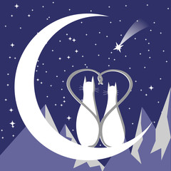 two cats in love sitting on the Crescent Moon at night, lover couple,vector illustration.