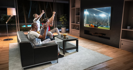 Group of students are watching a soccer moment on the TV and celebrating a goal, sitting on the...