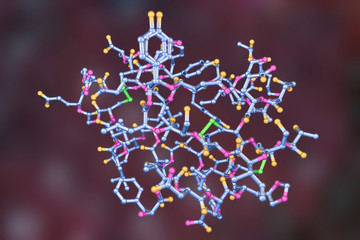 Molecular model of insulin hormone, 3D illustration. It is produced by pancreas and takes part in glucose and lipid metabolism - obrazy, fototapety, plakaty