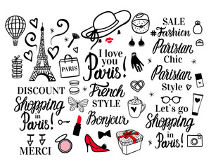 Set Paris lettering type. French Style woman Fashion black illustration woman. Vector hand sketch. Clothing, hat, shoes