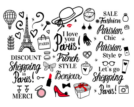 Set Paris lettering type. French Style woman Fashion black illustration woman. Vector hand sketch. Clothing, hat, shoes
