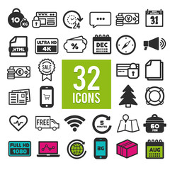 Set of flat icons for web, mobile apps and interface design: shopping, travel, finance, business, communication, media, transportation, fitness, summer, computer, easter, christmas, device