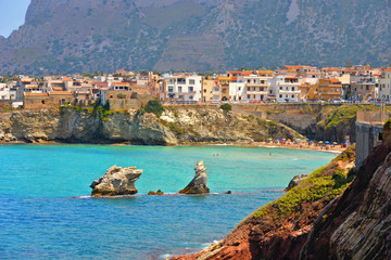 beautiful landscape with small coastal town Terrasini and beach calarossa with Faraglioni di...