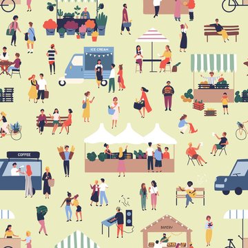 Seamless pattern with people buying and selling goods at street food seasonal market. Backdrop with men and women walking between stalls or kiosks at outdoor fair. Flat cartoon vector illustration.
