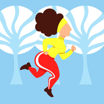 Winter running. A vector image of a woman running in a winter forest. Fitness training and health care.