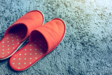 red slipper shoe on blue carpet floor softness mat