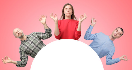 Collage of woman and men trying to relax meditating with closed eyes. Way to calm down during hard working day.