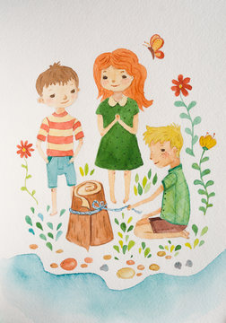 Illustration of three kids at the seashore and bundle