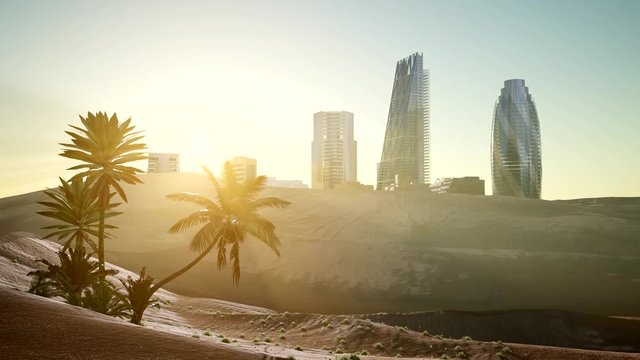 city skyscrapes in desert at sunset