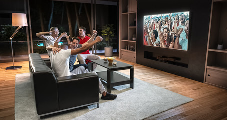 Group of students are watching a soccer moment on the TV and celebrating a goal, sitting on the couch in the living room.