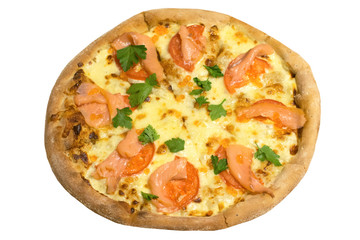 Delicious pizza with red fish, cheese and red caviar. Isolate