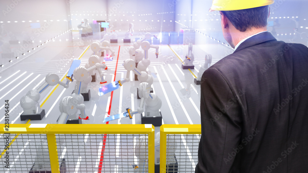 Poster smart automation industry robot in action welding solar panels while engineer is watching from above