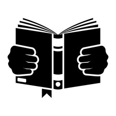 Silhouette book holding in hand. Man is reading a book. Open magazine. Learning literature cartoon icon pictogram. Vector illustration flat design. Isolated on white background. Knowledge science.