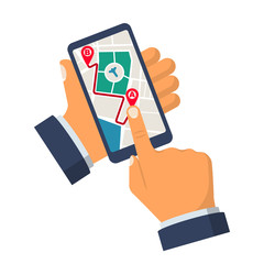 Map on smartphone. Route from point A to point B. Taxi call template. Vector illustration flat design. Isolated on white background. Phone hold in hand. 