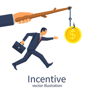 Incentive concept. Business metaphor. Personnel management leadership. Motivate people. Big hand holds gold coin on stick, businessman running for bait. Vector illustration flat design. Attract earn. 