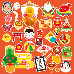 正月素材セット 年賀状素材 白ふち ベクターイラスト素材