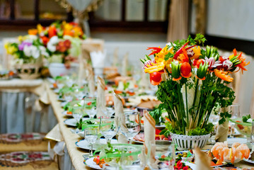 delicious dishes on the table in the restaurant. serving table.