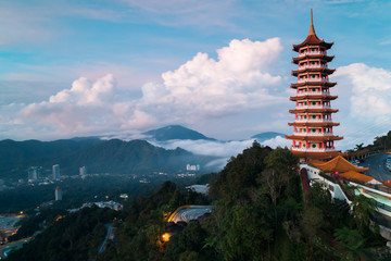 View of the Pagoda in the morning with low level cloud and hills in the background