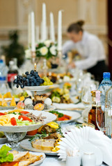 delicious dishes on the table in the restaurant. serving table.