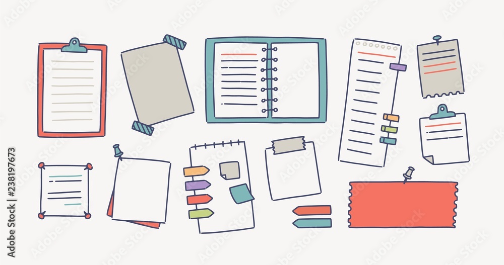 Poster Collection of notebooks and paper attached with pushpins and adhesive tape for making writing notes isolated on white background. Set of decorative design elements. Colorful vector illustration.