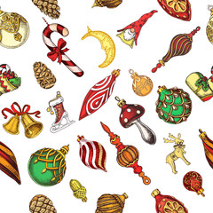 Vector illustration sketch - Greeting cards and holiday design. Christmas hand drawn Decorations - fur tree. With balls, toys, mistletoe and fir-cone. Vintage pattern.