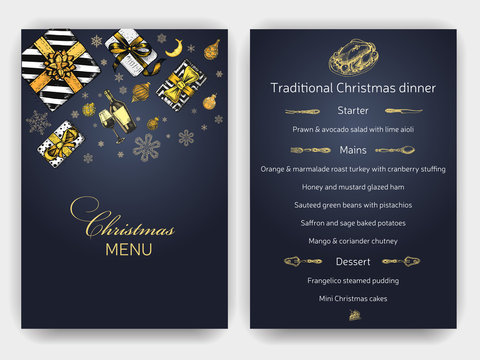 Vector illustration sketch christmas menu. Holiday banner. Template with hand drawn Decorations graphic. Happy New Year Card.