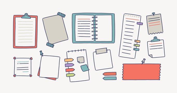 Collection of notebooks and paper attached with pushpins and adhesive tape for making writing notes isolated on white background. Set of decorative design elements. Colorful vector illustration.