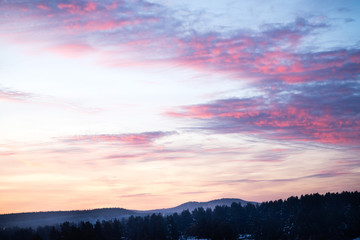 Sky, Bright Blue, Pink Colors Sunset. Instant Photo, Toned Image