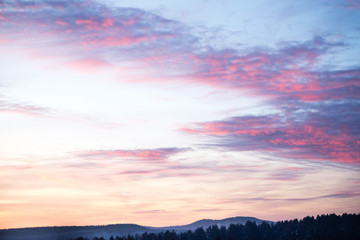 Fototapeta na wymiar Sky, Bright Blue, Pink Colors Sunset. Instant Photo, Toned Image