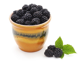 Blackberry berries on a green leaf.