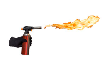 gloved hand holding a burner with a fire on an isolated white background
