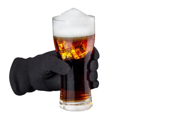 gloved hand holding a glass on an isolated white background