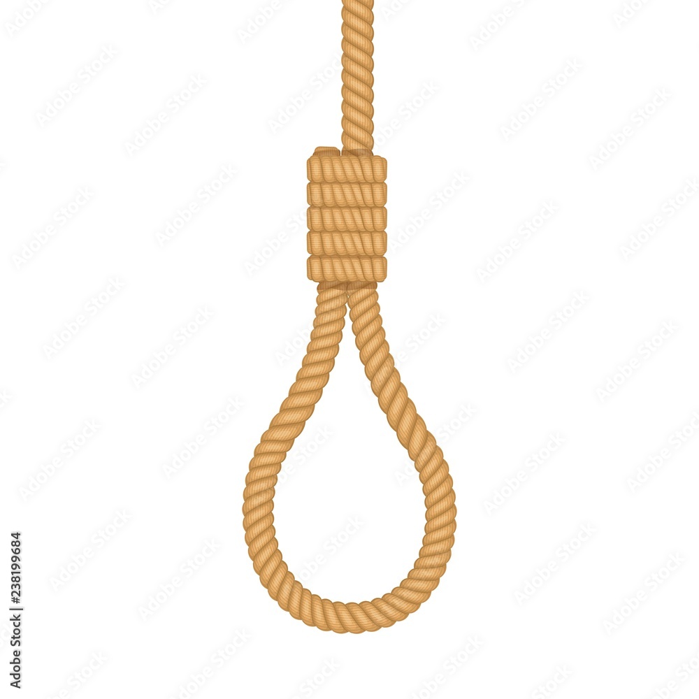 Wall mural Gallows Rope loop hanging isolated on white background. Old rope with hangman's noose. Vector illustration