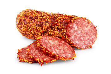 Hungarian smoked sausage with paprika on a white background