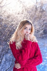 Outdoor waist up portrait. Young beautiful happy smiling girl walking on pine forest . Model with blue eyes,wearing stylish sweater. Magic snowfall. Space for text