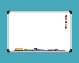 Obraz premium Office board. Concept for school or business presentations. Empty board with magnets and markers. White school board. Vector illustration.