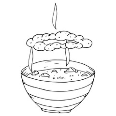 Soup in a bowl icon. Vector of a bowl of hot soup, cereal. Hand drawn bowl of  hot soup.