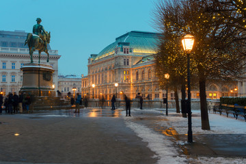 Winter street in historical center of Vienna, Austria