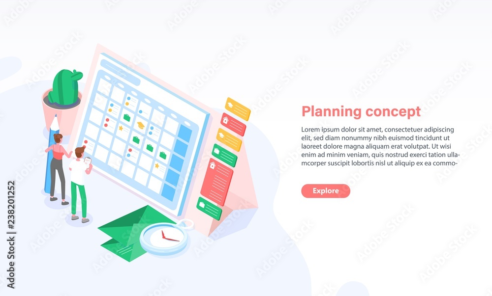 Poster Web banner template with people standing in front of giant schedule or timetable. Planning, task management, organization of time. Colorful isometric vector illustration for advertisement, promotion.
