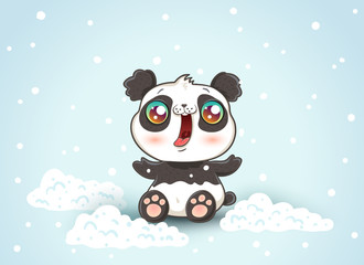 Cute panda on snow.