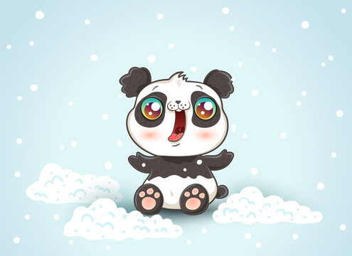 Cute panda on snow.